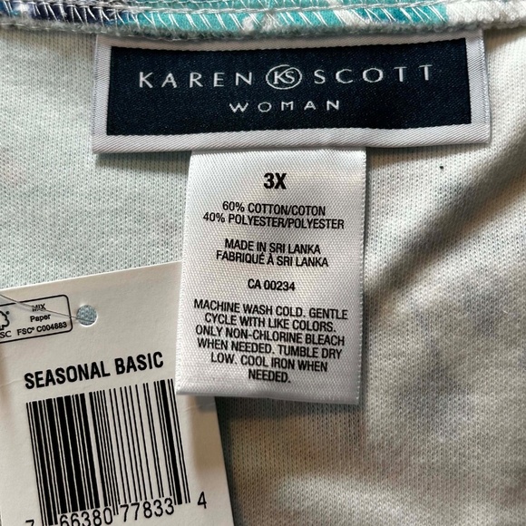 TOP, COTTON BLEND, BLUE/TURQUOISE/GREY, SIZE 3X, ROUND NECK, LONG SLEEVES, KAREN - Picture 5 of 8